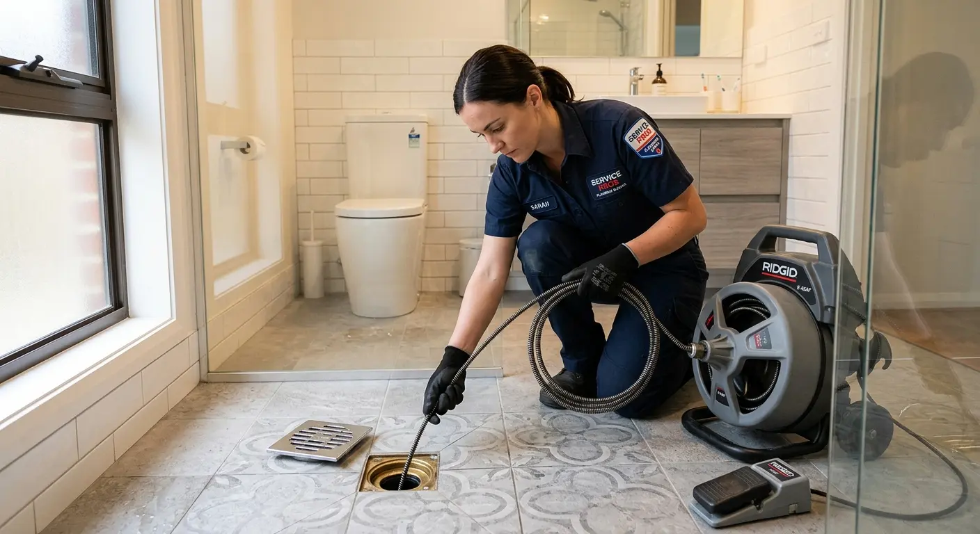 Technician clearing a bathroom floor drain for Drain Repair in Mission